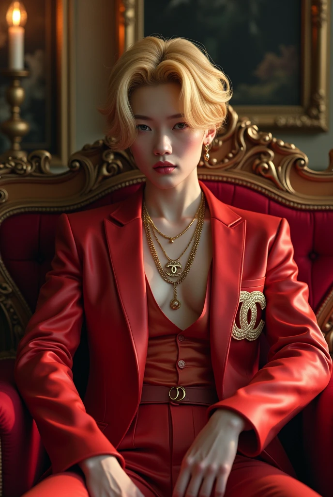 A Korean man, with blonde hair, female outfit, and Chanel necklace around the neck , sitting on a sofa