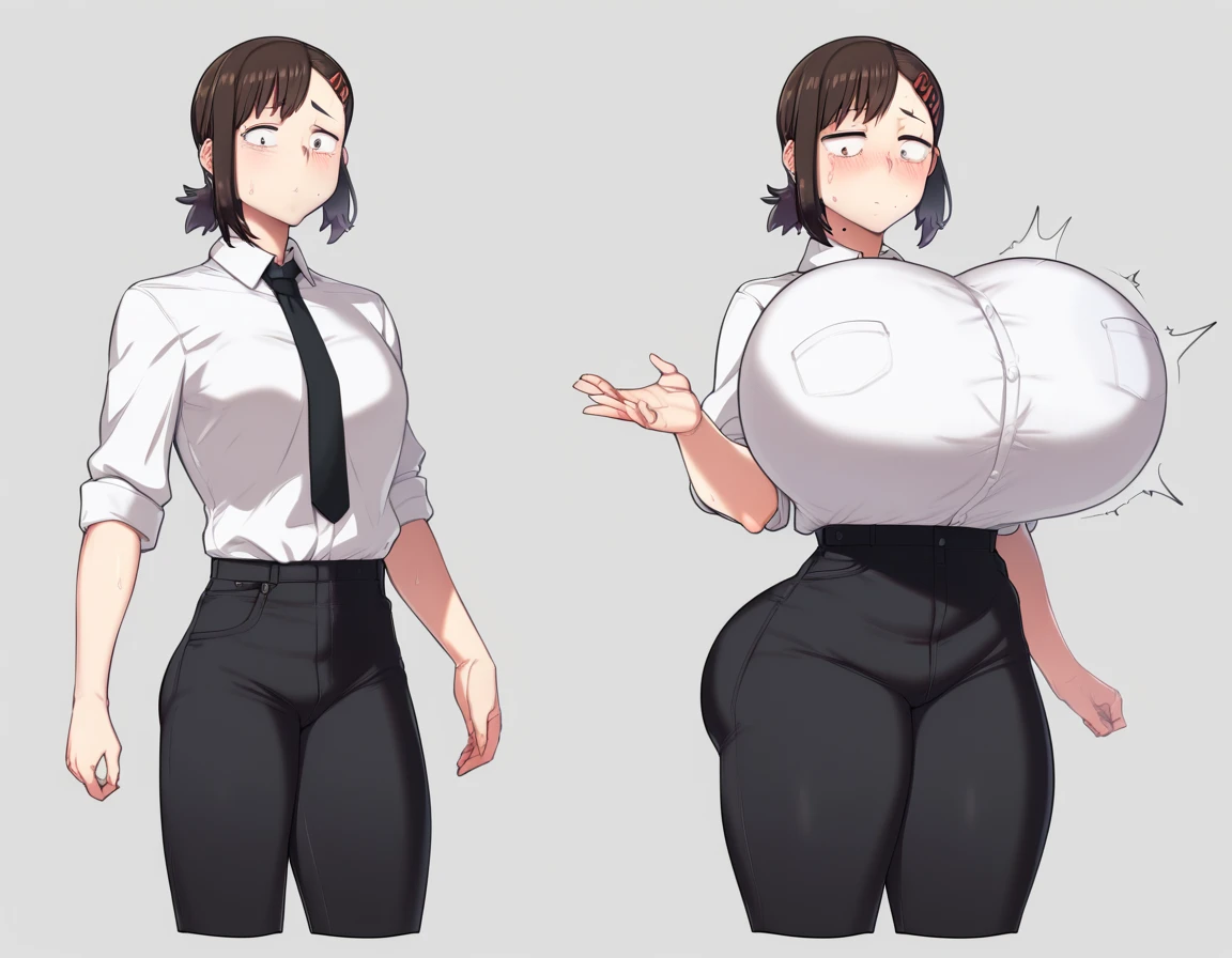 check_9, check_8_up, check_7_up, check_6_up, check_5_up,1 girl,Higashiyama Kobeni,(breast expansion:1.8),several views, huge breasts,formal, tie,black trousers,  (SSP:1.1), White shirt,