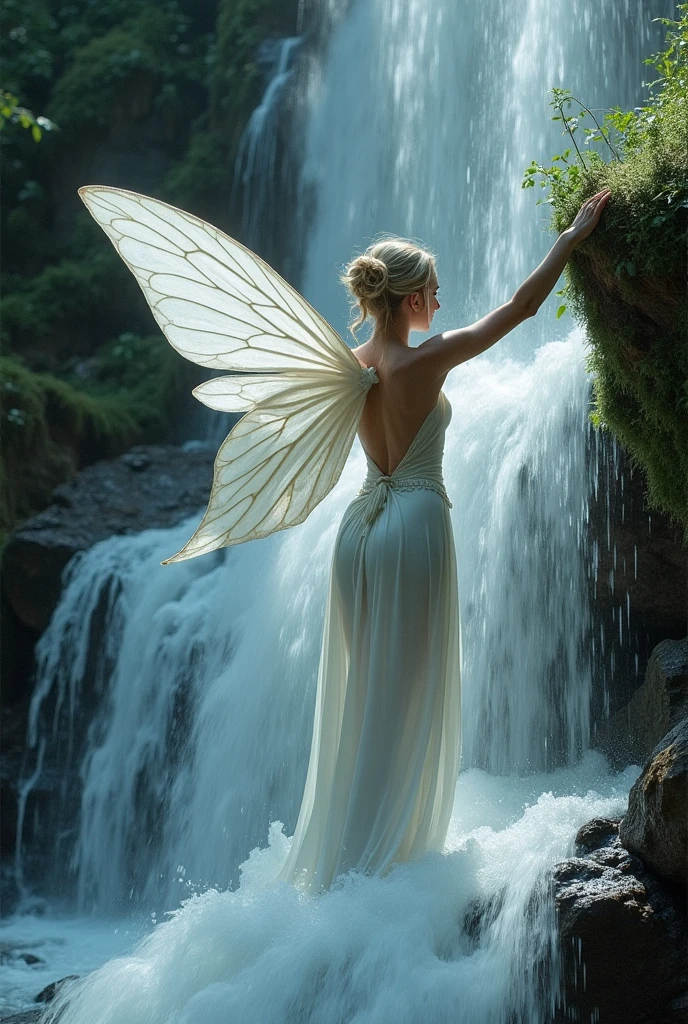 A fairy with wings made of flowing waterfalls, where water continuously cascades down in a beautiful, fluid motion.
