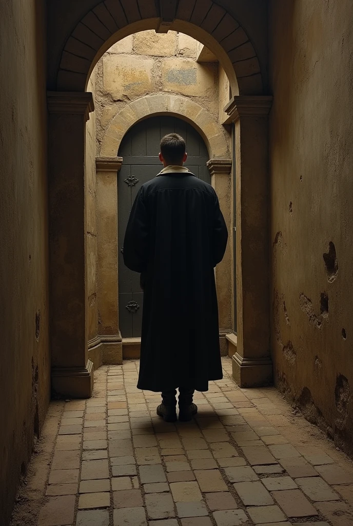 (photorealism:1.2),A man entering a prison from the time of the Spanish Inquisition
