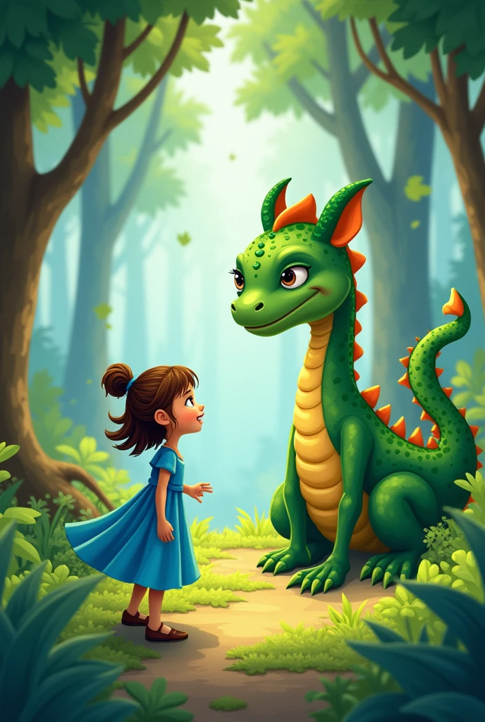 A color image showing Bia, one with a blue dress, looking in awe at a friendly green dragon in a forest. The dragon has kind eyes and is smiling at Bia. Cartoon