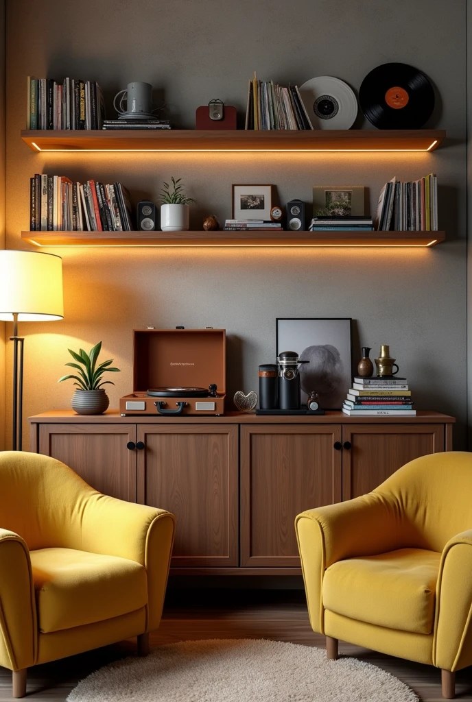 Create a realistic image of a corner in an apartment with a simple sideboard with a machine ,café, a coffee capsule holder, a French press and a brown suitcase-shaped record player, it is open with a disc. On top there are thin shelves with front discs, there are two shelves one on top of the other, each shelf has 3 discs next to each other, disco do Queen, do Linkim Park, Foi Fighters , gilberto gil, U2 and Elis Regina. Also on the sideboard, Na parte de baixo, has niches with books. In front of the sideboard there are two yellow armchairs and a floor lamp with yellow light.. The wall where the vinyls and the sideboard are, it's burnt cement.