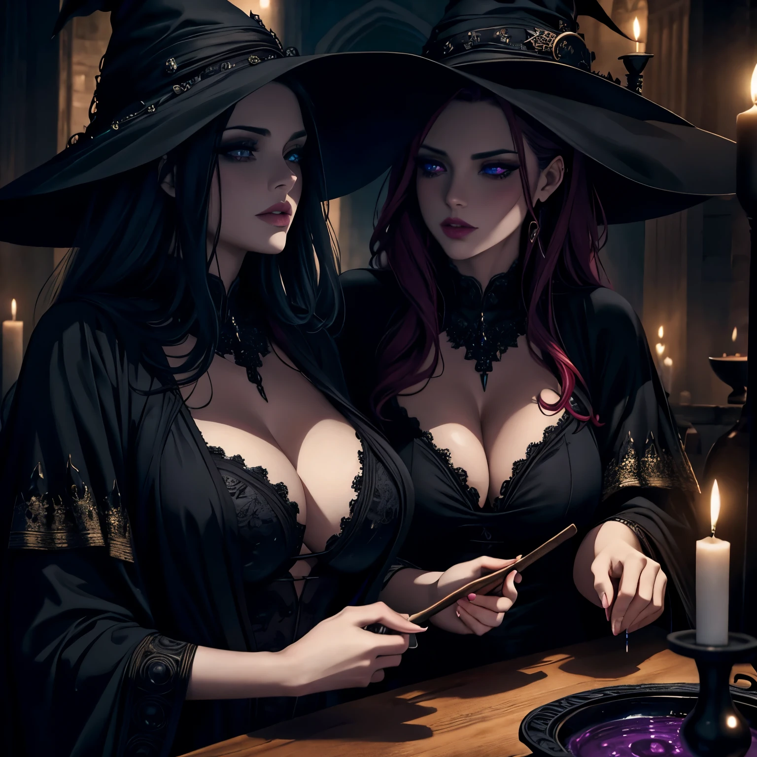 a gathering of witches brewing a lesbian love potion, beautiful detailed eyes, beautiful detailed lips, extremely detailed face and eyes, long eyelashes, dark and moody atmosphere, vivid colors, dramatic lighting, fantasy, occult, magical realism, surreal, dark academia, cinematic, dramatic composition, highly detailed, photorealistic, 8k, masterpiece