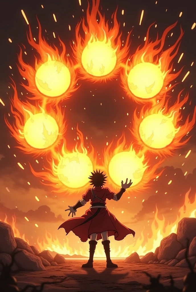No estilo do anime black clover, cast a fire spell, It must be composed of 6 small flaming spheres forming a circle behind the user. 