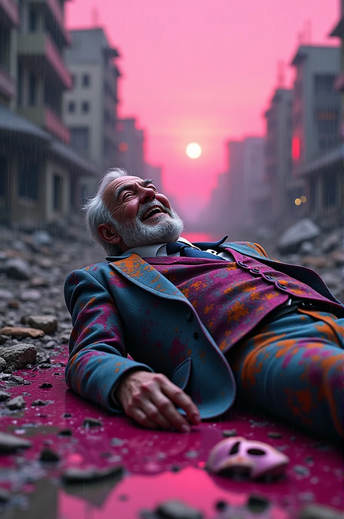 Man in colorful suit in a destroyed city with pink sky while dawning and raining, lying on the ground dying and bleeding pink with parts of a colorful mask lying on the ground, showing his old man face, With a beard and white hair while smiling and crying