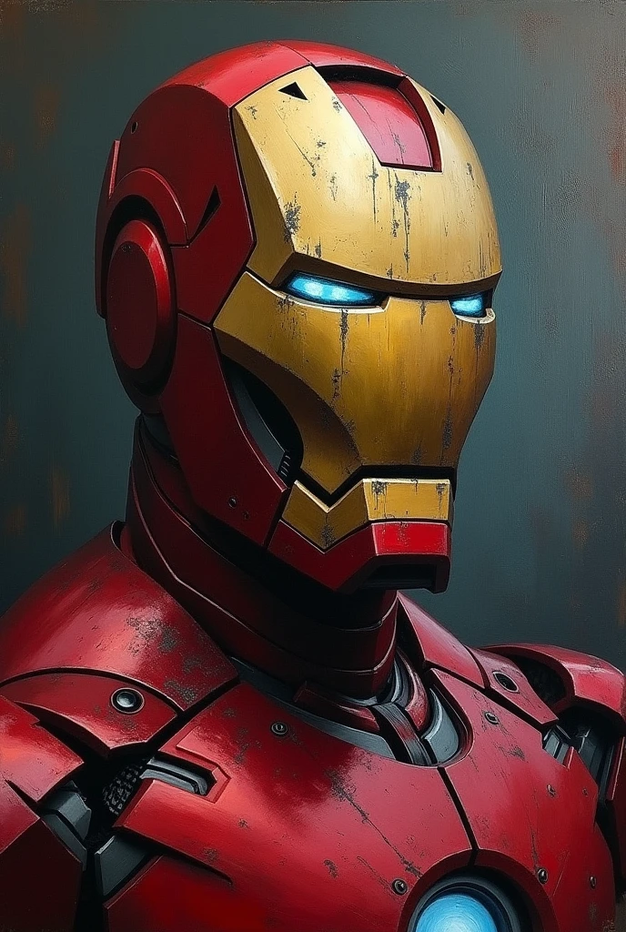 Iron Man,gloomy face artistically painted on a canvas in oil