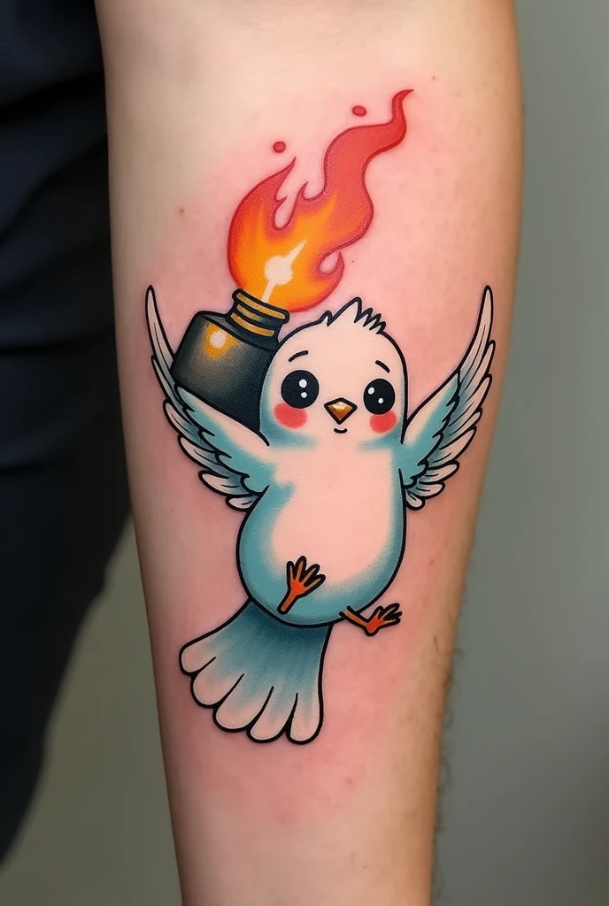 Tatouage d’une colombe qui porte un cocktail Molotov avec un style enfantin