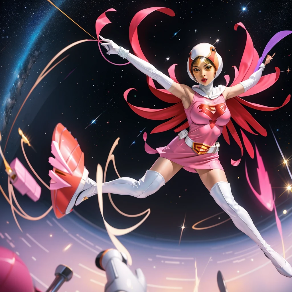 ANI_CLASSIC_jun_gatchaman_ownwaifu,1girl, yo,good anatomy, masterpiece, best quality, realistic, hyper realistic, 16k hdr, breasts, large breasts, lipstick, makeup, gloves, cape, helmet, belt, elbow gloves, white gloves, mask, ultra miniskirt, leotard, spacesuit, white tight overknee highheel boots, pink dress, superhero, bodysuit, cleavage, erected nipples,(sexy pose, from below:1.2),(spread legs:1.1),cameltoe