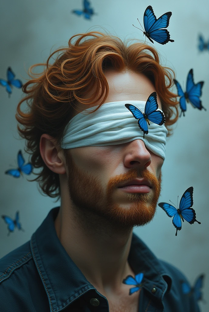 Sad and broken man with wavy copper hair with a white bandage on his eyes and surrounded by blue butterflies 