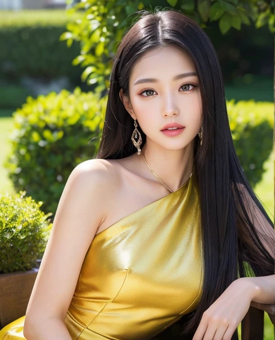 （（surreal、Super detailed image, maybe a photo.，Captures the details of the skin texture of an incredibly beautiful woman..））long straight black hair。elegant yellow dress. Outdoors