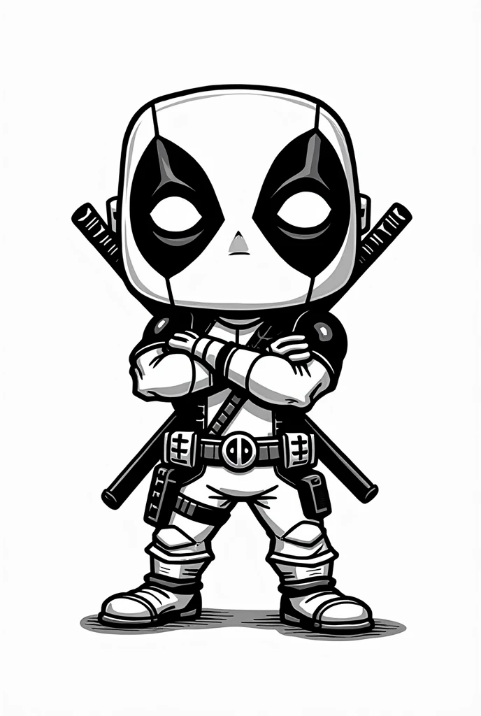 The image must be in black and white, no colors, only with strokes. Deadpool character in Funko Pop style (in strokes, no shadings), Rounded head with full mask covering the face, big white eyes and expression of humor (in strokes, no shadings), Athletic body with superhero costume details (in strokes, no shadings), badass clothing: fitted suit with armor details, belt with pouches and Deadpool insignia, two katanas crossed on the back (in strokes, no shadings), Facing position with one hand holding a katana and the other in a gesture of "thumbs up" or arms crossed (in strokes, no shadings), There must be an empty white background, no shading, with open space between the lines.