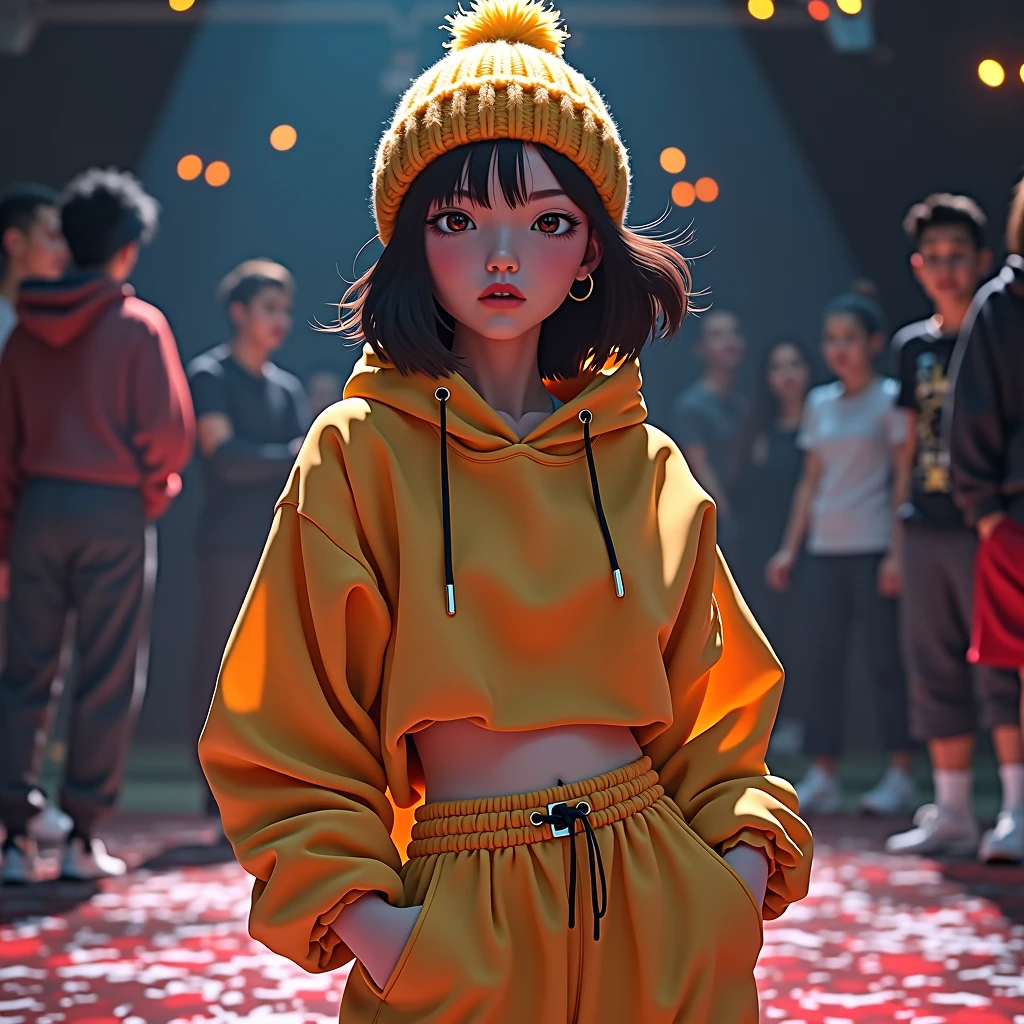 masterpiece、The highest masterpiece、Highest quality、Detailed Description、beautiful、art、woman、break dance、Woman performing、Serious face、Knitted hat、Oversized clothing、Pants Style、Dance Battle、stage、4K Graphics.