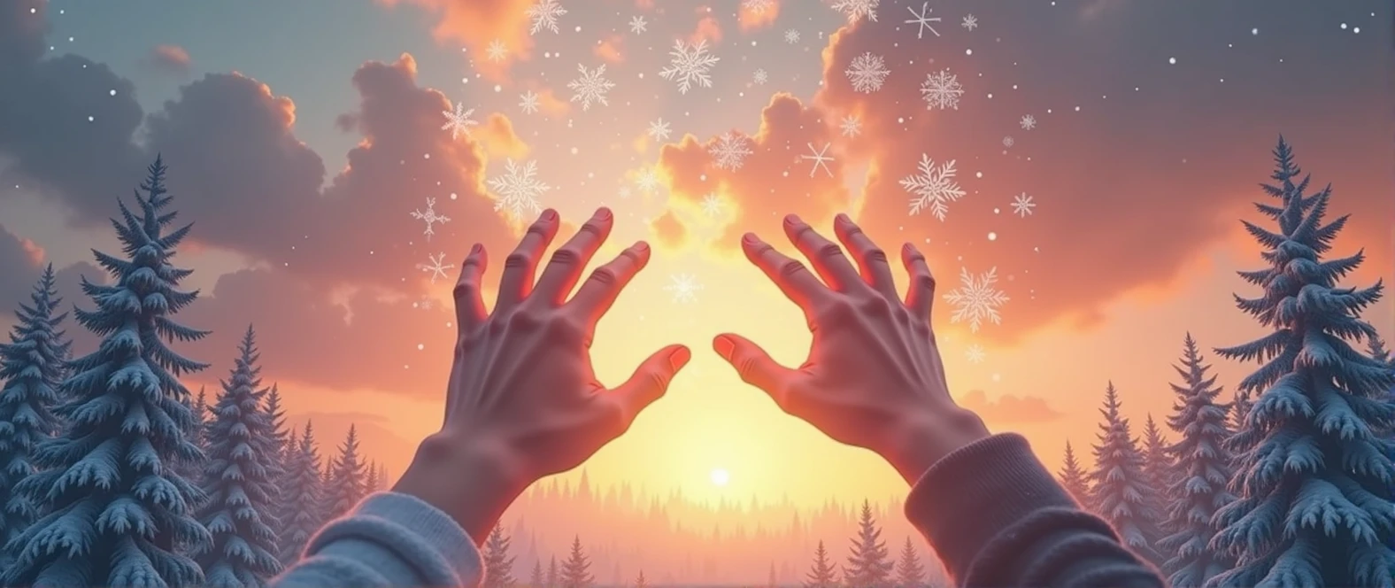 Book cover with TWO hands (sex is not identified) trying to touch the sky (There is a clear sunset behind and several snowflakes falling in the distance, Below is a pine forest full of snow), a white hand (the above) and the other brown hand ( the bottom one) hands are NOT at the sides and without clothes