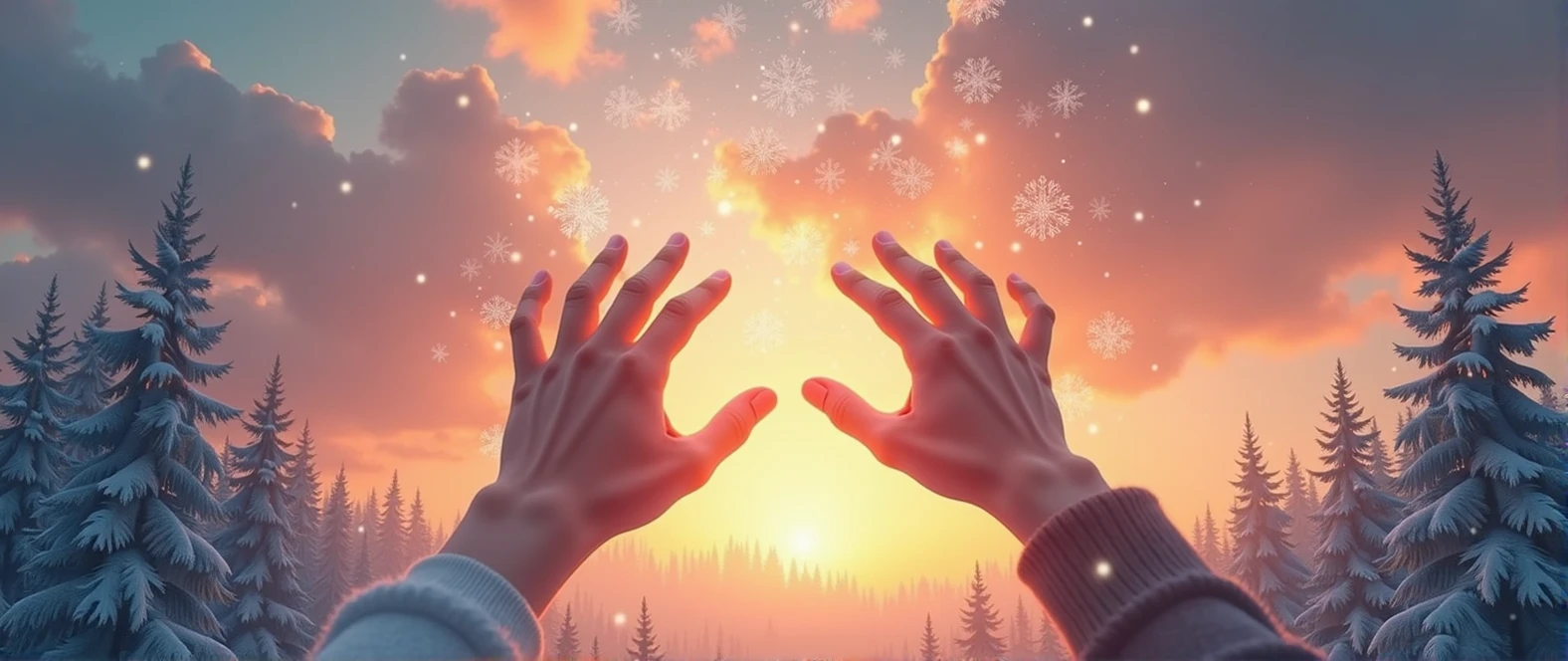 Book cover with TWO hands (sex is not identified) trying to touch the sky (There is a clear sunset behind and several snowflakes falling in the distance, Below is a pine forest full of snow), a white hand (the above) and the other brown hand ( the bottom one) hands are NOT at the sides and without clothes