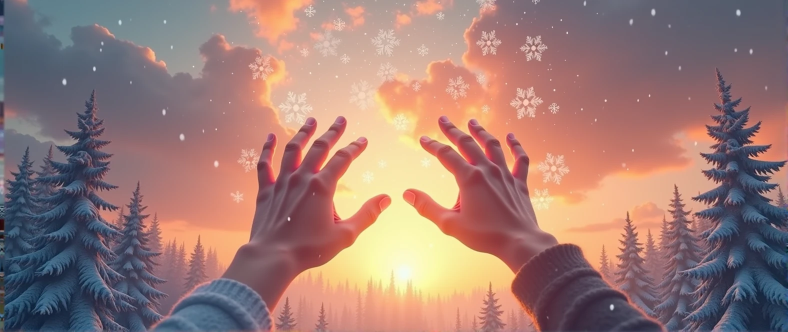 Book cover with TWO hands (sex is not identified) trying to touch the sky (There is a clear sunset behind and several snowflakes falling in the distance, Below is a pine forest full of snow), a white hand (the above) and the other brown hand ( the bottom one) hands are NOT at the sides and without clothes
