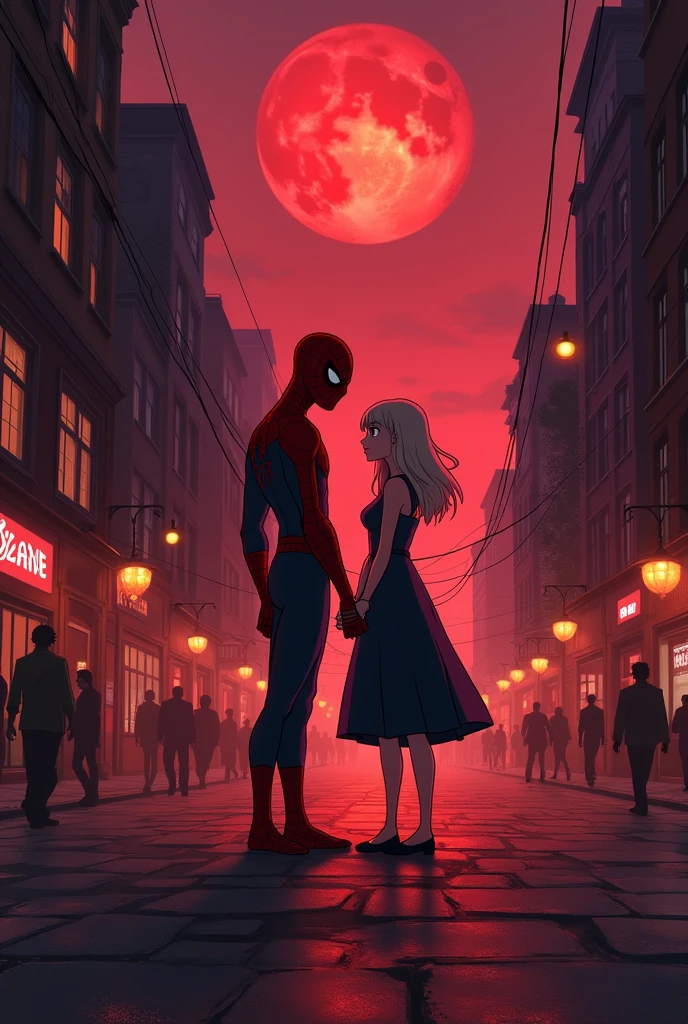 spiderman and gwen, natta, 4K, red light, citys, wallpaper, designed by Hayao Miyazaki, studios Ghibli, 