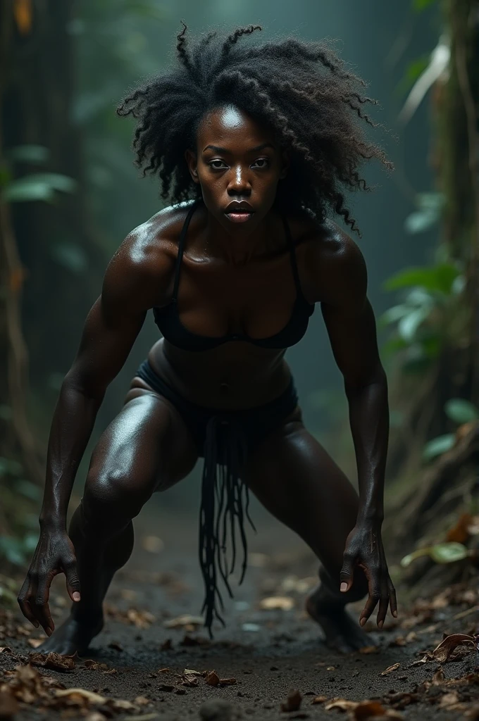 Very muscular black woman naked on all fours