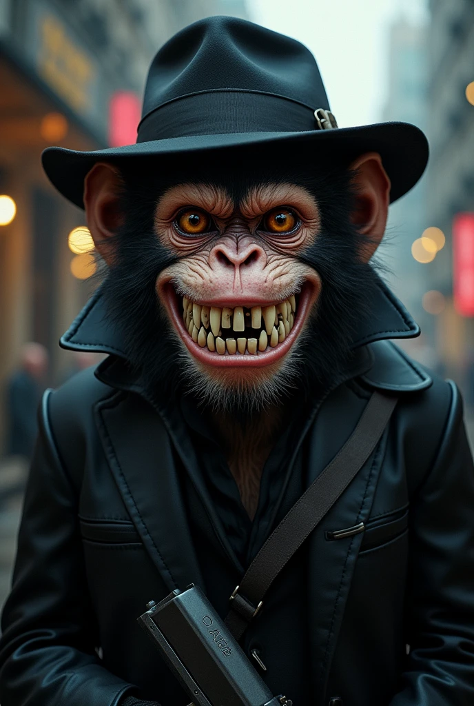 A monkey holding a gun smiling and with the words mad written on its teeth wearing a gangster outfit 
