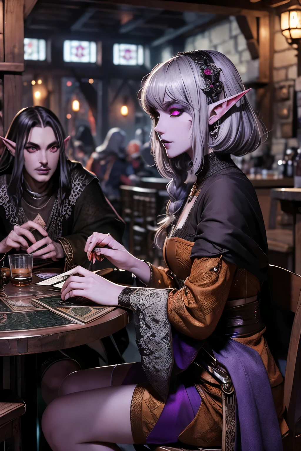 (Ultra-detailed face, looking away, Fantasy Illustration with Gothic, Ukiyo-e, Comic Art, Rich colors), 
BREAK 
(This is a world where medieval Europe meets the world of Eberron. Customers are relaxing, drinking, and eating in bars. In a corner of the bar, some customers are enjoying a card game using tarot cards.), 
BREAK 
(DarkElves: A middle-aged dark elf woman with silver color hair, blunt bangs, very long disheveled hair and dark purple color skin, lavender color eyes), 
BREAK 
(DarkElves: The dark elf sisters are wearing pale orange smock dresses with lacy geometric patterns and knee-high laced sandals.), 
BREAK 
(The dark elf sisters sit facing each other at a table in the tavern, playing "Le Papayou" with tarot cards. They both look serious, cheekbones and looking at their cards.)