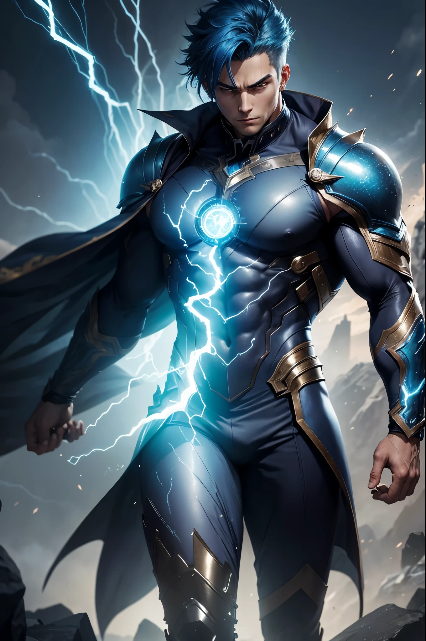 A hyper-detailed, ultra-realistic image of a powerful male anime protagonist with striking blue hair, standing tall and confident in a well-fitted navy blue suit. He is in the midst of using his magical teleportation powers, with energy swirling around him in a dynamic, electrifying aura. The scene is set in a grand, mystical landscape with ancient ruins and glowing symbols etched into the stone. The character is strong and muscular, with a calm yet intense expression, his eyes glowing with power. The environment is rich in details, from the ethereal mist hovering around the ground to the vibrant, magical energy crackling in the air. His suit is perfectly tailored, with subtle patterns reflecting the light, adding to the overall sense of power and control.