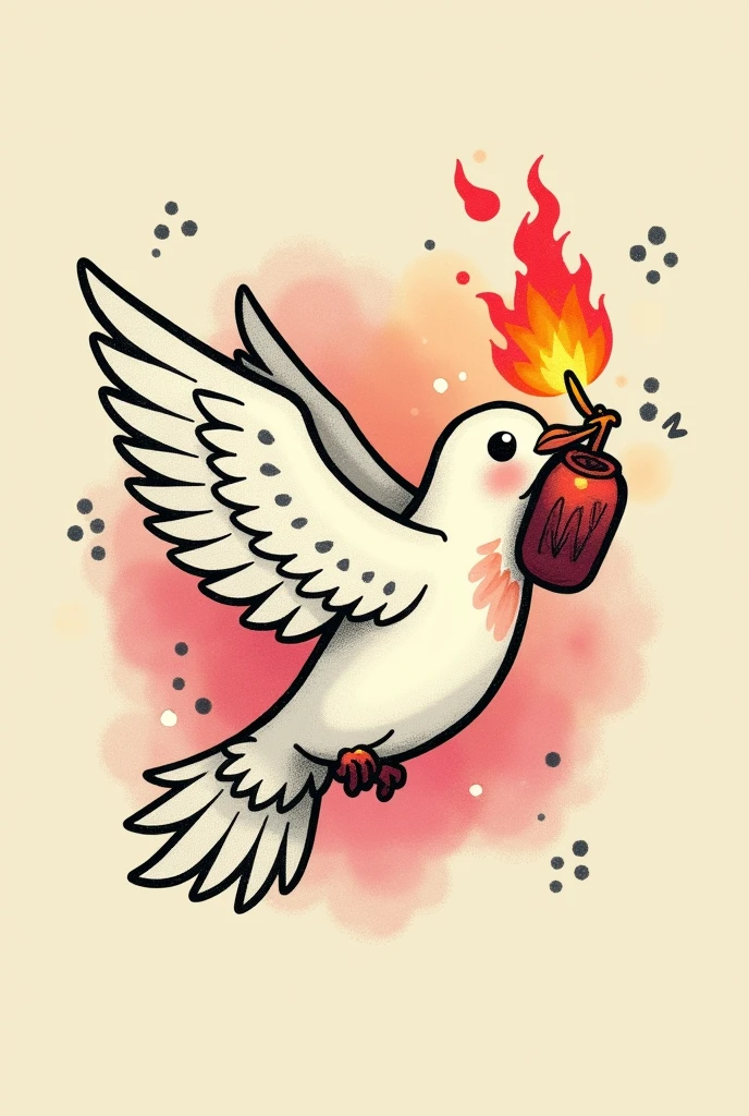 Tatouage d’une colombe qui porte un cocktail Molotov dans ses pattes avec un style enfantin  