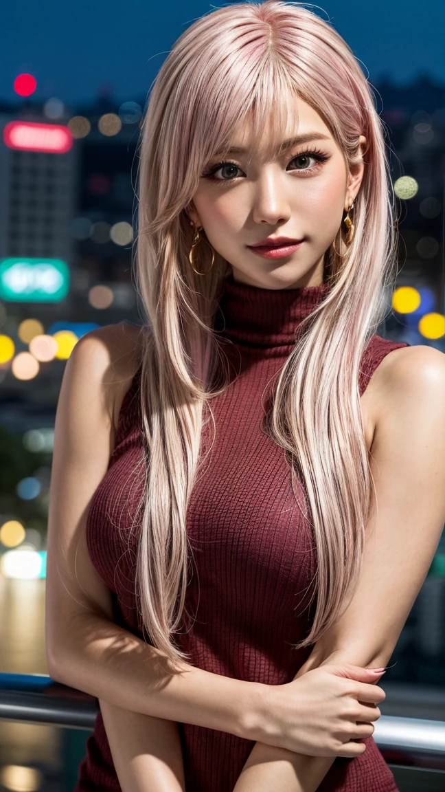 Highest quality, Tabletop, Ultra-high resolution, (Realistic:1.4), (Japanese Idols),RAW Photos, One Girl, night,Detailed skin,Blurred cityscape of South Korea,,Blonde, (Pink inner hair:1.3),Glossy Lips,smile,(Model pose:1.2),21 years old,Beautiful and beautiful eyes,Diamond jewellery,Earrings,Gold Jewelry,Cold Light,Tight black knitwear,,(Strengthened upper arms:1.2),A well-trained body,Pixie Hair