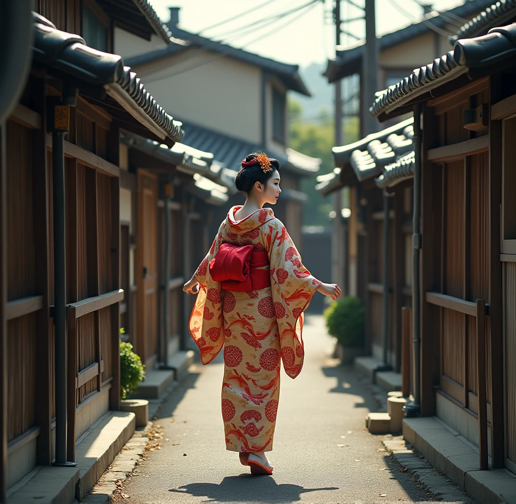 A narrow, sloping road lined with old wooden houses、A background of a Kyoto maiko in a beautiful kimono climbing a slope。The girl&#39;s goldfish patterned yukata was slightly open at the chest.、I could see her cleavage。The way she looked back and smiled was sexy。