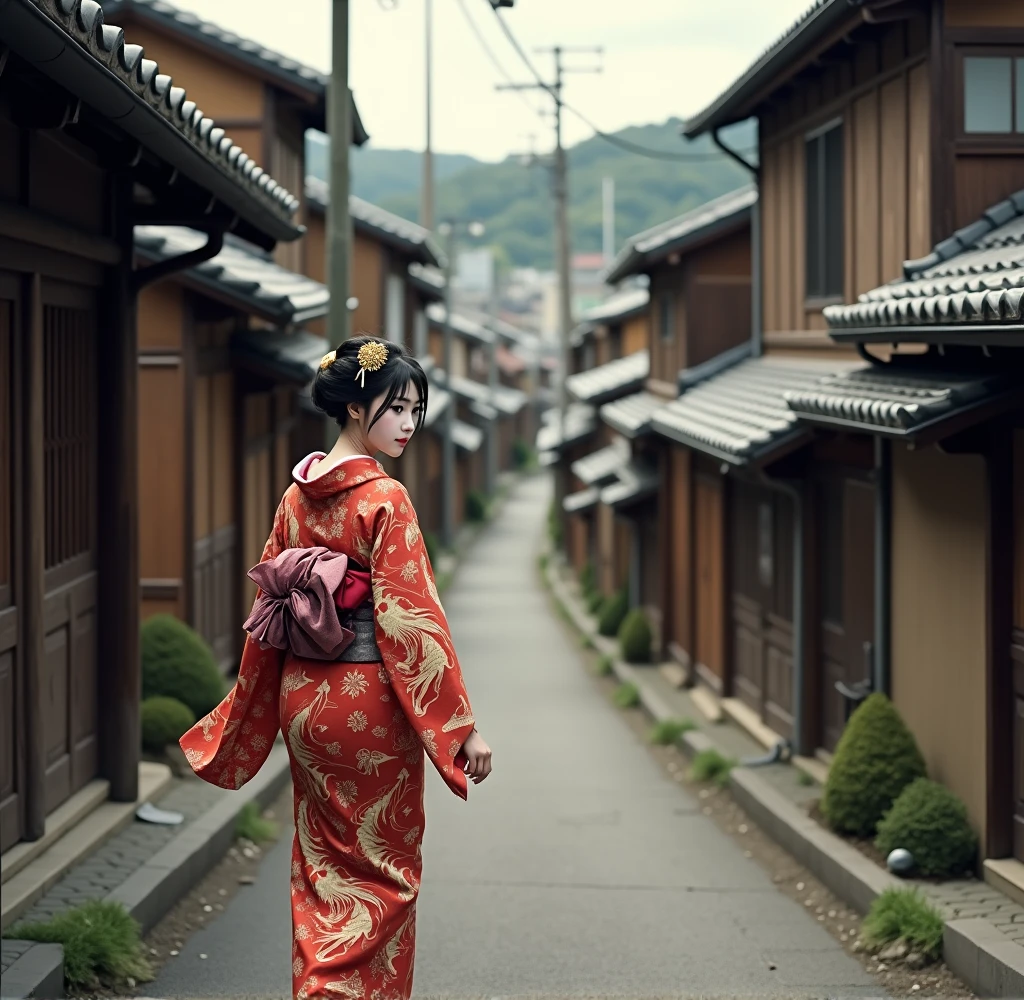 A narrow, sloping road lined with old wooden houses、A background of a Kyoto maiko in a beautiful kimono climbing a slope。The girl's goldfish patterned yukata was slightly open at the chest.、I could see her cleavage。The way she looked back and smiled was sexy。