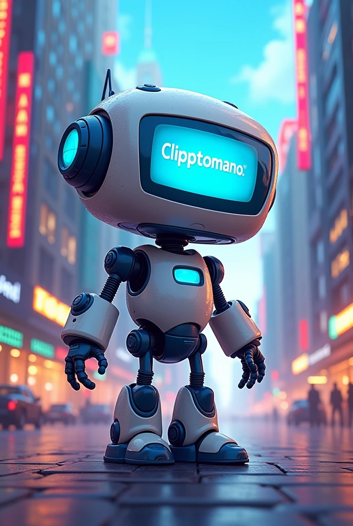 Robot drawn as a cartoon, that has an urban style and has a screen on the head that says Clipptomano
