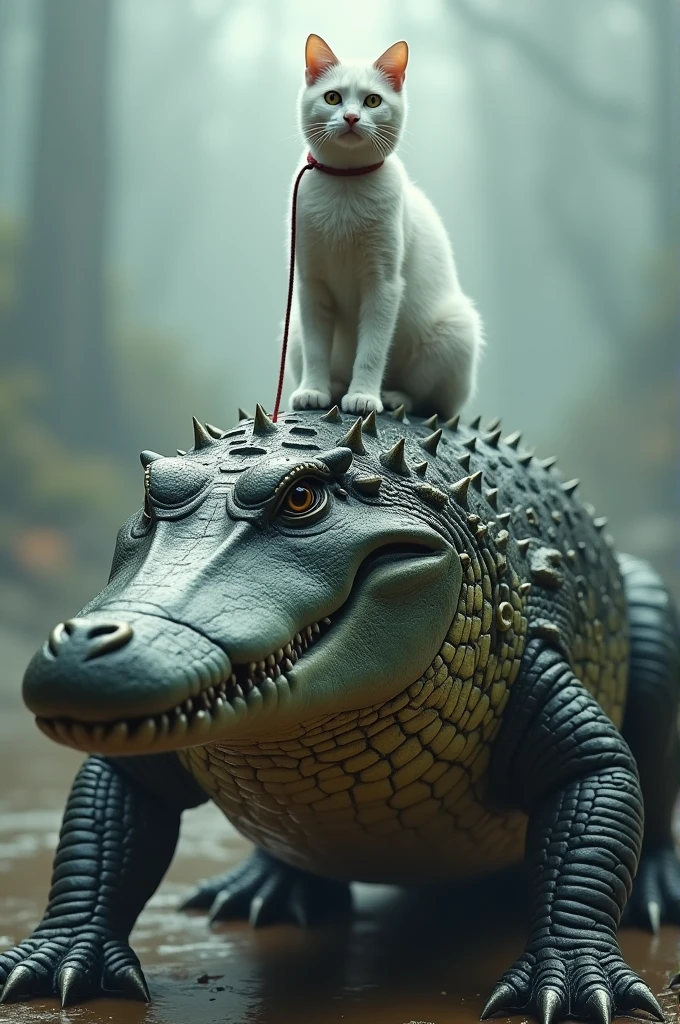 A white cat on lead riding an armored crocodile 