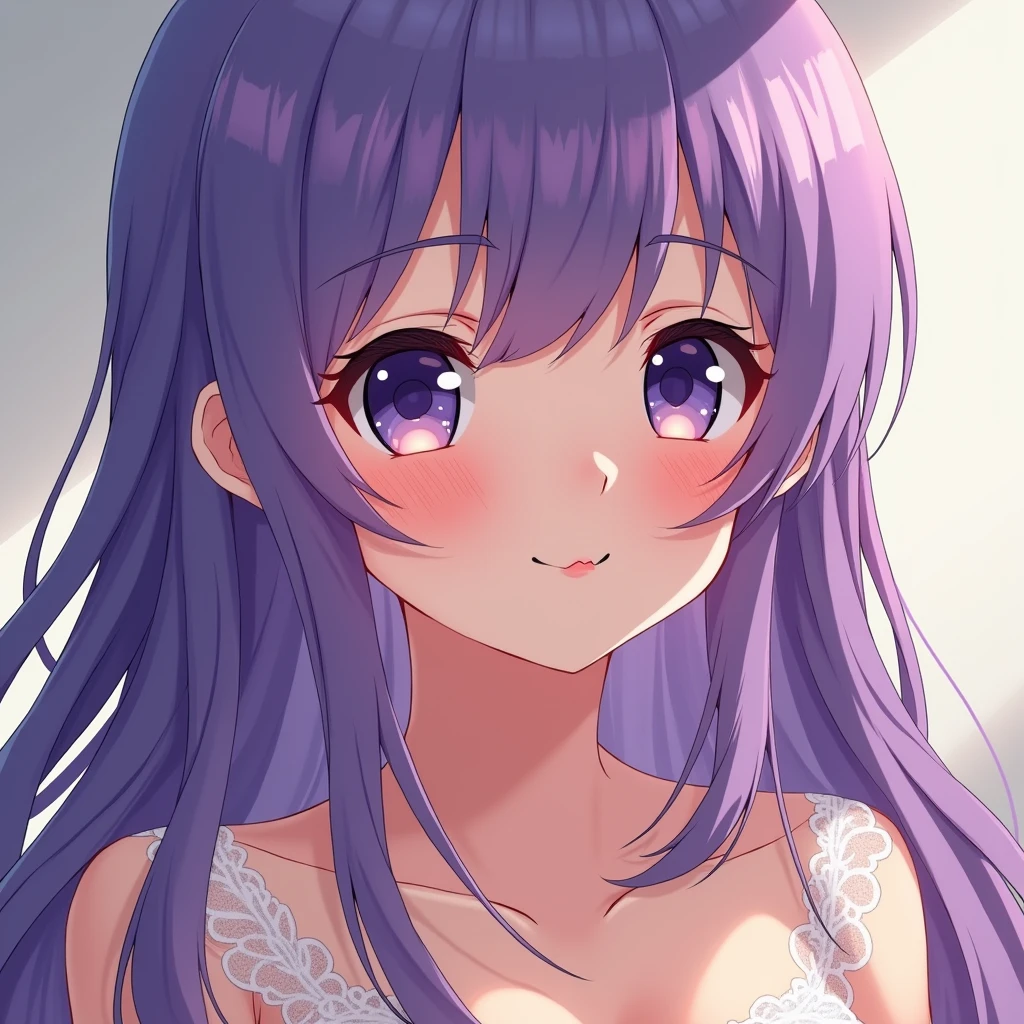 A purple haired anime girl with big boobs blushing 