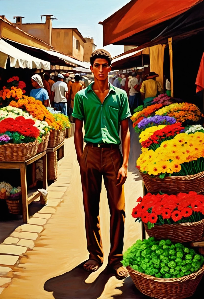 pintura al oleio front view a young man slender_athletic_realisim_body, italian boy he is selling muticolor flowers in a market. Characteristics: Men and women, simple clothing, wicker baskets. Background: flowers market , downtown. Style: Social realism, scenes of rural life. Painters: David Alfaro Siqueiros. Palette: Green, brown and ochre tones.