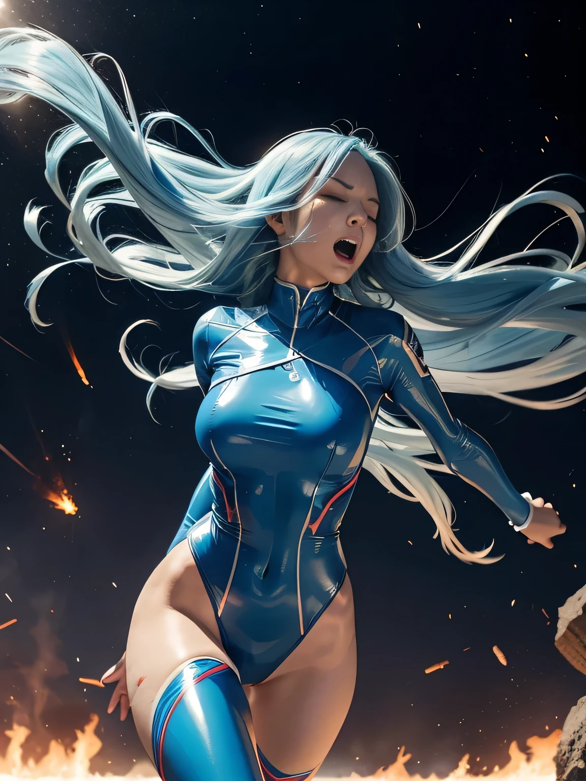 superheroine, long long gorgeous light blue hair, slender body, latex, leotard, blue and white costume, ((blown away)), enveloped in heat hell, red heat, (received heat bullet), (burning air), dark red space distorted, cruelly, (painful), helpless, (screaming in pain), eyes closed, holding on, crouching, gritting teeth, suffering, leaning back, shrimp warping, (lying face up), spreading hands, lifting feet off the ground, being blow through the air, seen many explosion, explosion nitting her, hair swaying in hot air, in underground base
