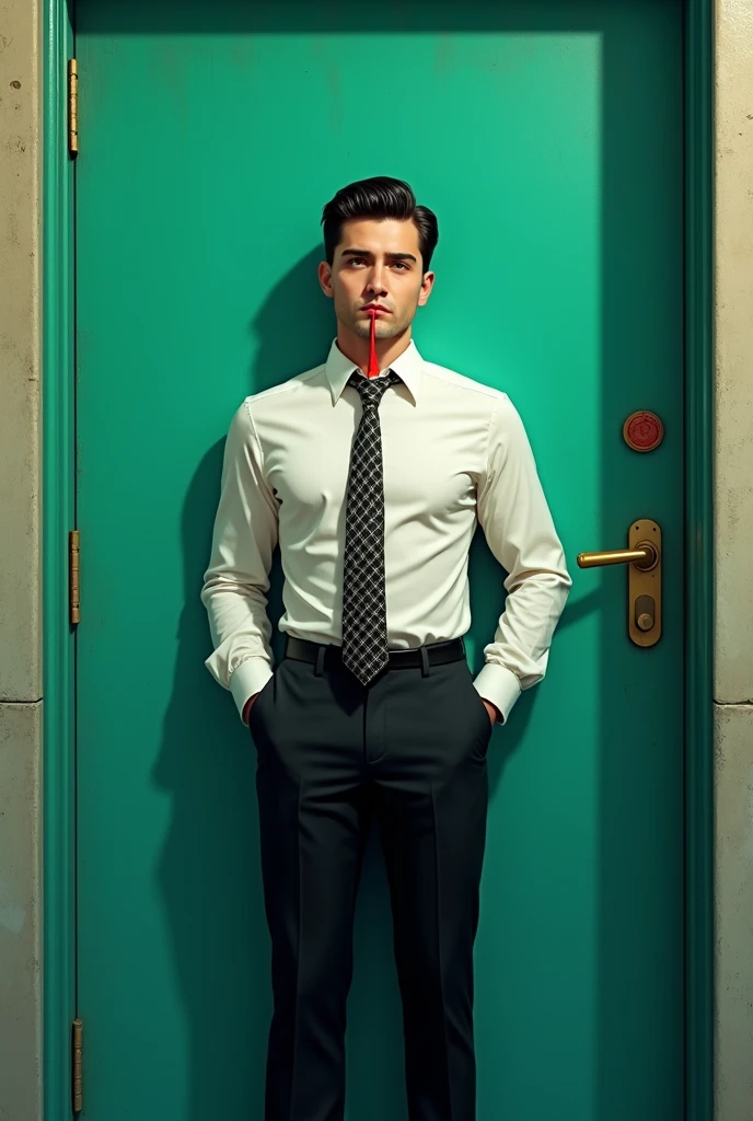 one  men, with black hair and eyes, with a red toothpick and a checkered tie, with black pants, opening a water green door 