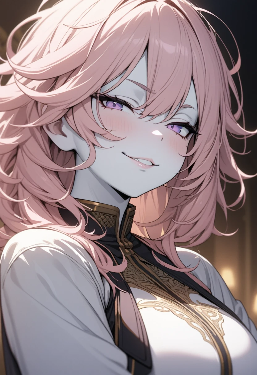 (masterpiece, best quality), intricate details, thin, ((slim)), beautiful girl, Light pink hair, white skin, light purple eyes, sharp jawline, cropped jacket, messy hair, plump lips, upper body, close up, smirk