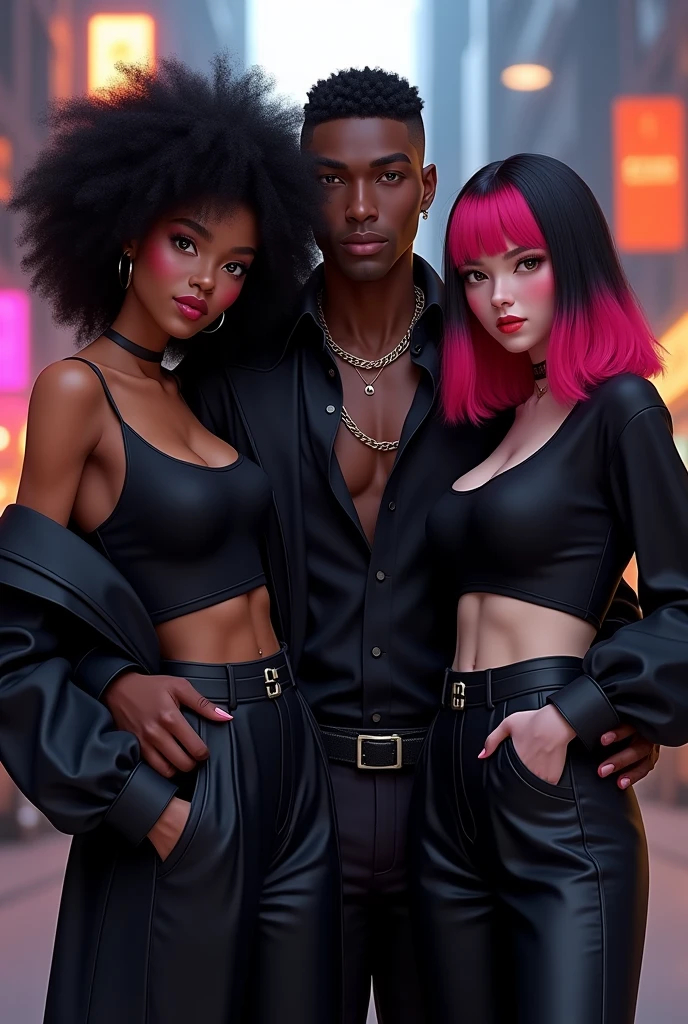 E-girl with black coat and curly black Power hair, and another e-girl with a black coat, straight hair with pink bangs, a little towards red, with the rest of her hair black, and a dark-skinned man with short hair shaved on the side, with a thick cord, with a black blouse