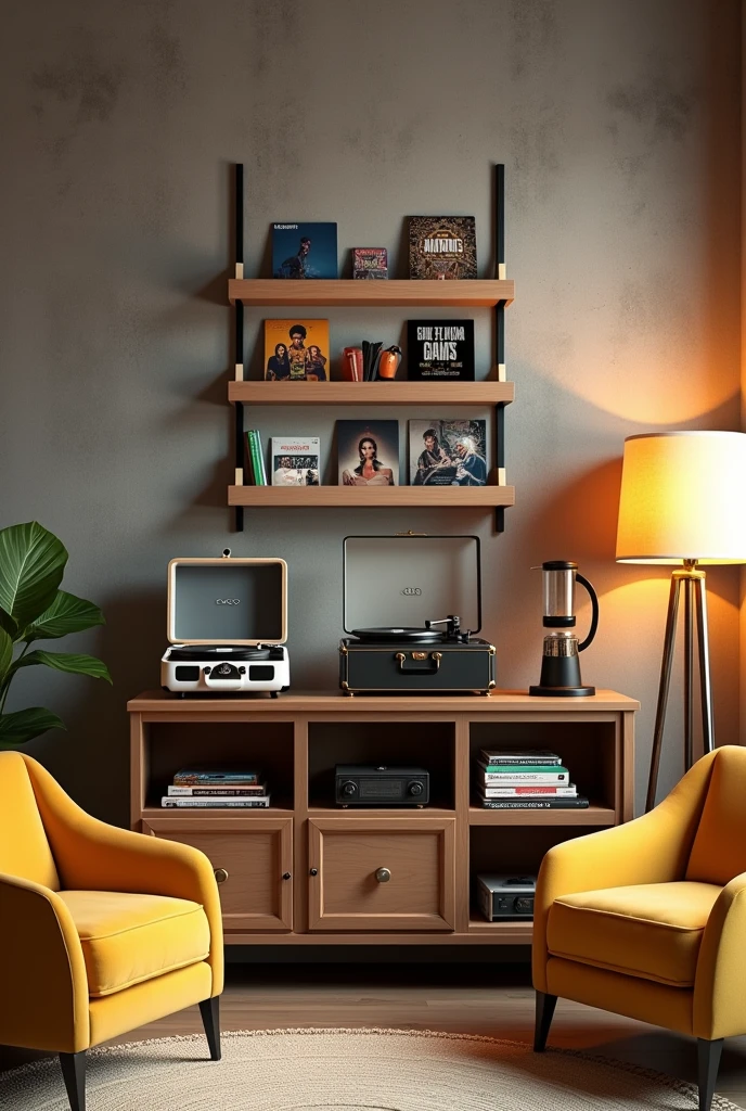 Create a realistic image of a corner in an apartment with a simple sideboard with a coffee maker, a coffee capsule holder, a French coffee press and a brown suitcase-shaped record player, it's open with a record playing. On top there are thin shelves with front discs, there are two shelves one on top of the other, each shelf has 3 discs next to each other, disco do Queen, do Linkim Park, Foi Fighters , gilberto gil, U2 and Elis Regina. Also on the sideboard, Na parte de baixo, has niches with books. Many books next to each other. In front of the sideboard there are two yellow armchairs and a floor lamp with yellow light.. The wall where the vinyls and the sideboard are, it's burnt cement.