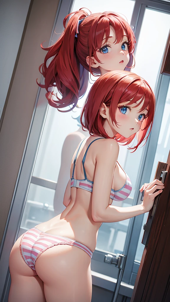 redHair, Blue eyes,, masterpiece, beautiful girl, Panties with white and pink stripes、panties、 １０Year old girl、Standing posture、 Back view　Low - Angle　Large Breasts