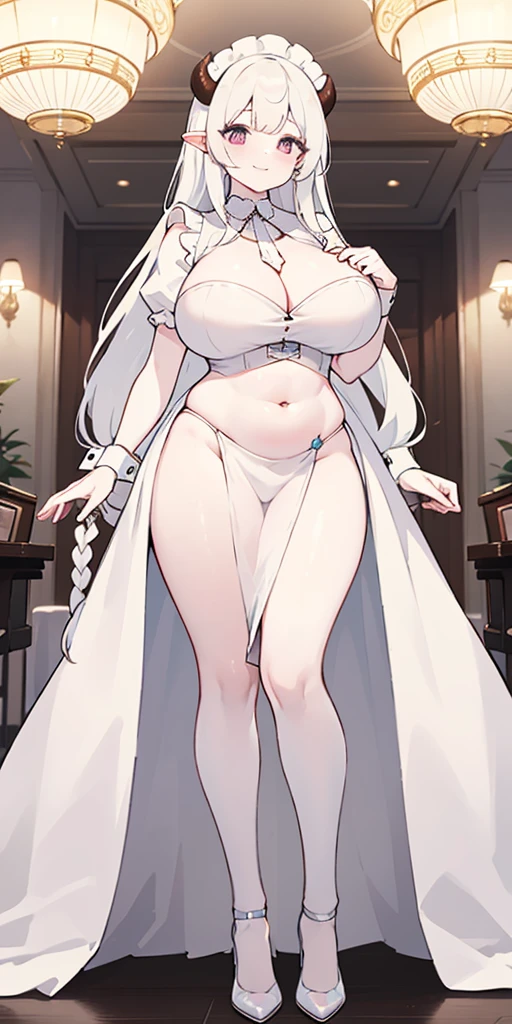 1 full length girl standing, good ass, maid of honor, Hairstyle with a white braid, white hair, blind, perfect lighting, muscular, thighs, mature woman, Mummy, belly button, ABS, look at the viewer (masterpiece, high quality: 1.1) smile, Extremely huge breasts, maternal, Porcelain skin, Extra long hair, shiny skin, good face, oni horns
