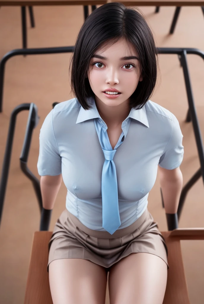 NSFW、middle School girls、One person、Japanese、Black Haired Beautiful Girl、Bobcut、Beautiful Skin、Baby Face、Crisp eyes、Naughty lips、Beautiful teeth alignment、Short-sleeved uniform、Blouse with white collar、Loosened tie、Collarbone in full view、A little bit of cleavage is visible、small breasts with bulge、No bra、Pleated skirt、The skirt is light blue、Sexy thighs、Inner thighs、Hide your arms behind your back、Slender body、Drenched in sweat、The blouse is see-through、Looking up、I'm looking at this、Sit on a chair、classroom、Watching from above