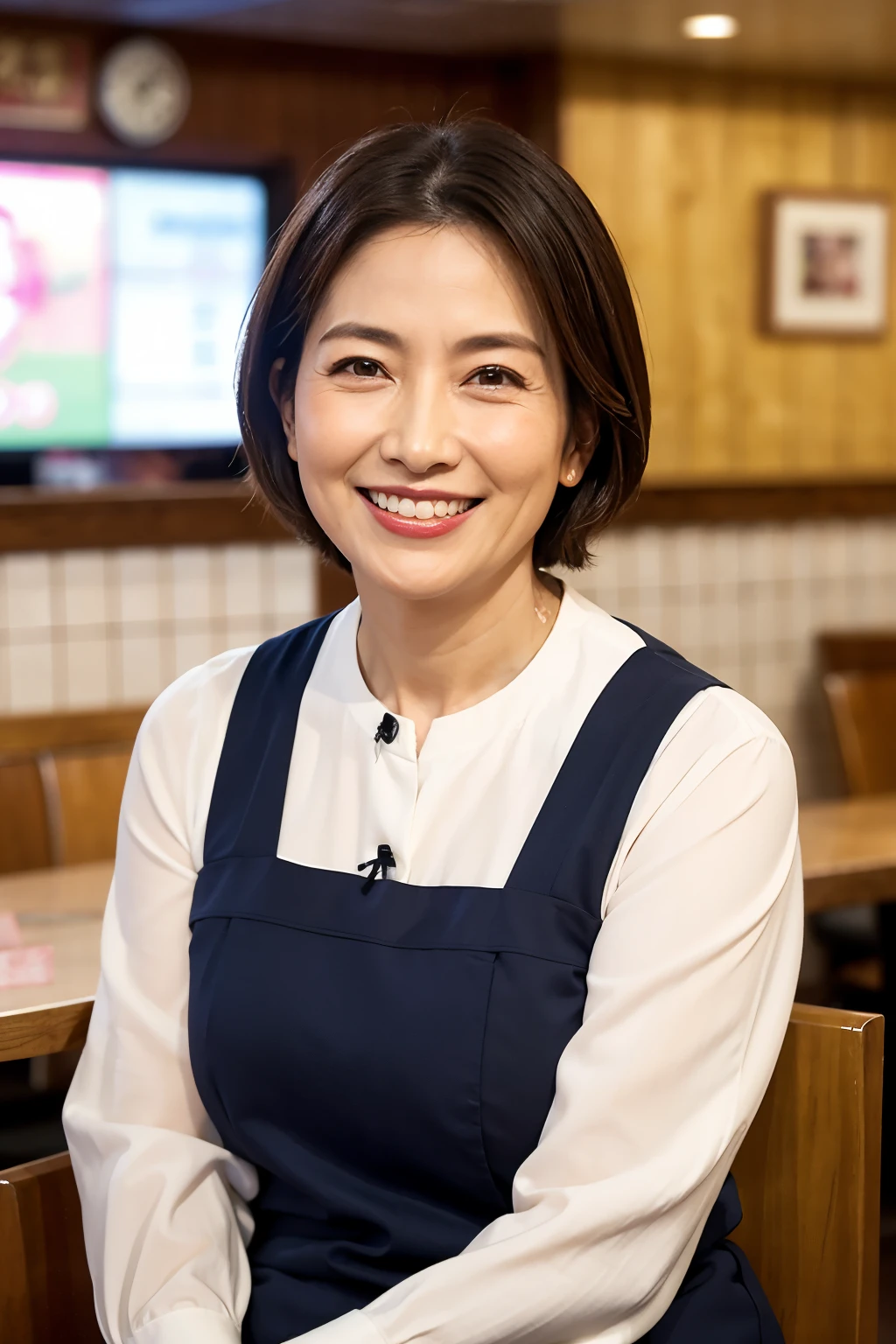 8k wallpaper, masterpiece, Highest quality, Very detailed, One Mature Woman, 50 years old, Become very clear, Wearing a spring-like shirt, Skin dents, Captivating smile, Looking at the audience, , Plump, Curvaceous, Attractive face, Smiling with teeth showing, I was happy, sitting in a cafe, Background Blur