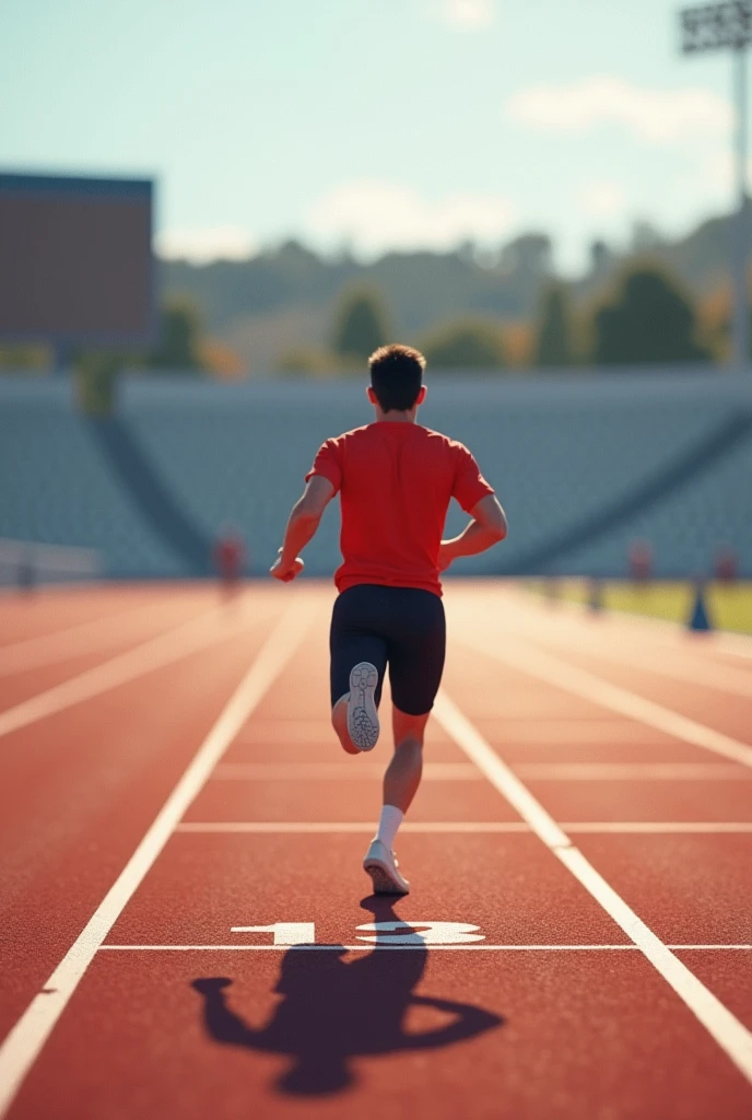 An avatar running alone on an athletics track adds the finish line
