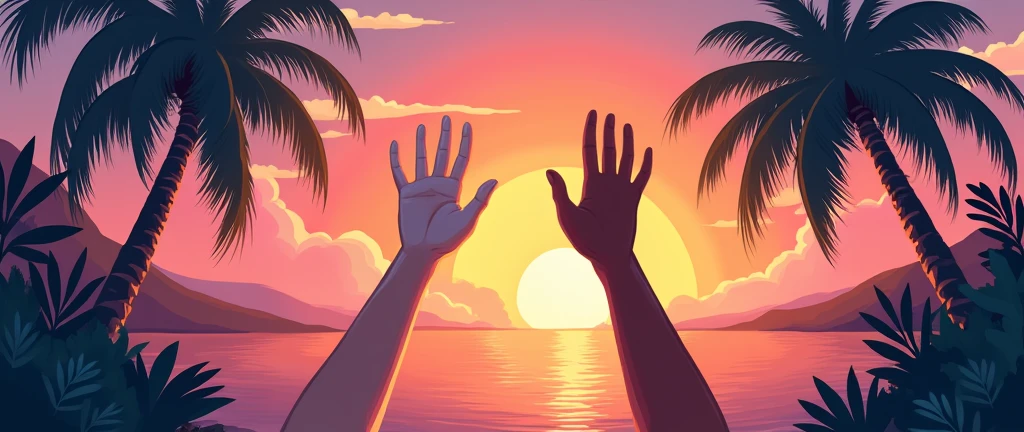 Book cover with TWO hands (sex is not identified) trying to touch the sky (There is a clear sunset behind in a tropical landscape ), a white hand (the above) and the other brown hand ( the bottom one) hands are NOT at the sides and without clothes