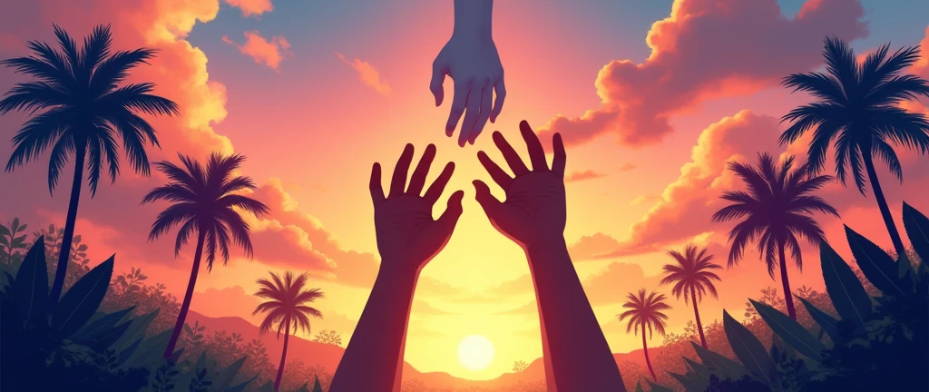 Book cover with TWO hands (sex is not identified) trying to touch the sky (There is a clear sunset behind in a tropical landscape ), a white hand (the above) and the other brown hand ( the bottom one) hands are NOT at the sides and without clothes