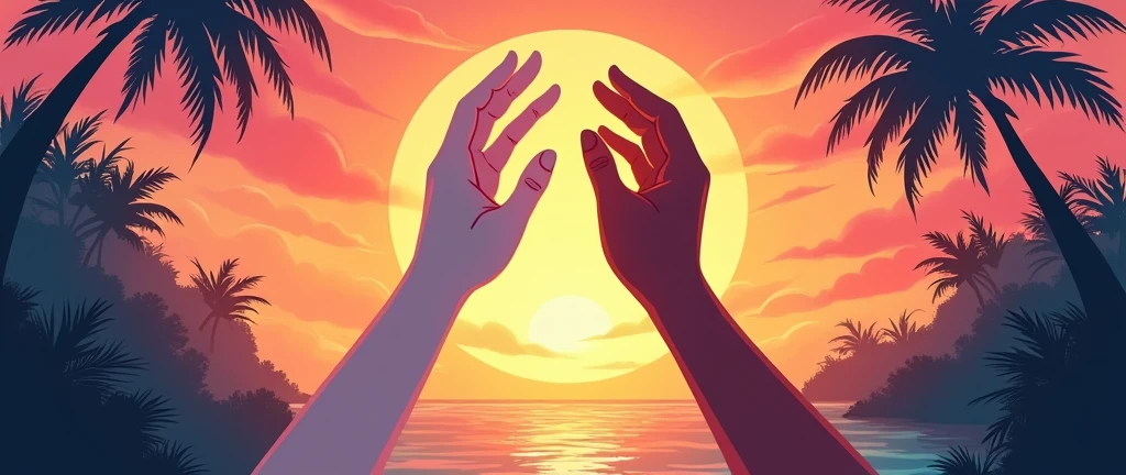 Book cover with TWO hands (sex is not identified) trying to touch the sky (There is a clear sunset behind in a tropical landscape ), a white hand (the above) and the other brown hand ( the bottom one) hands are NOT at the sides and without clothes