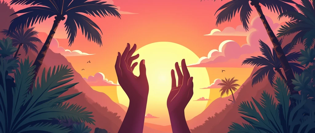 Book cover with TWO hands (sex is not identified) trying to touch the sky (There is a clear sunset behind in a tropical landscape ), a white hand (the above) and the other brown hand ( the bottom one) hands are NOT at the sides and without clothes