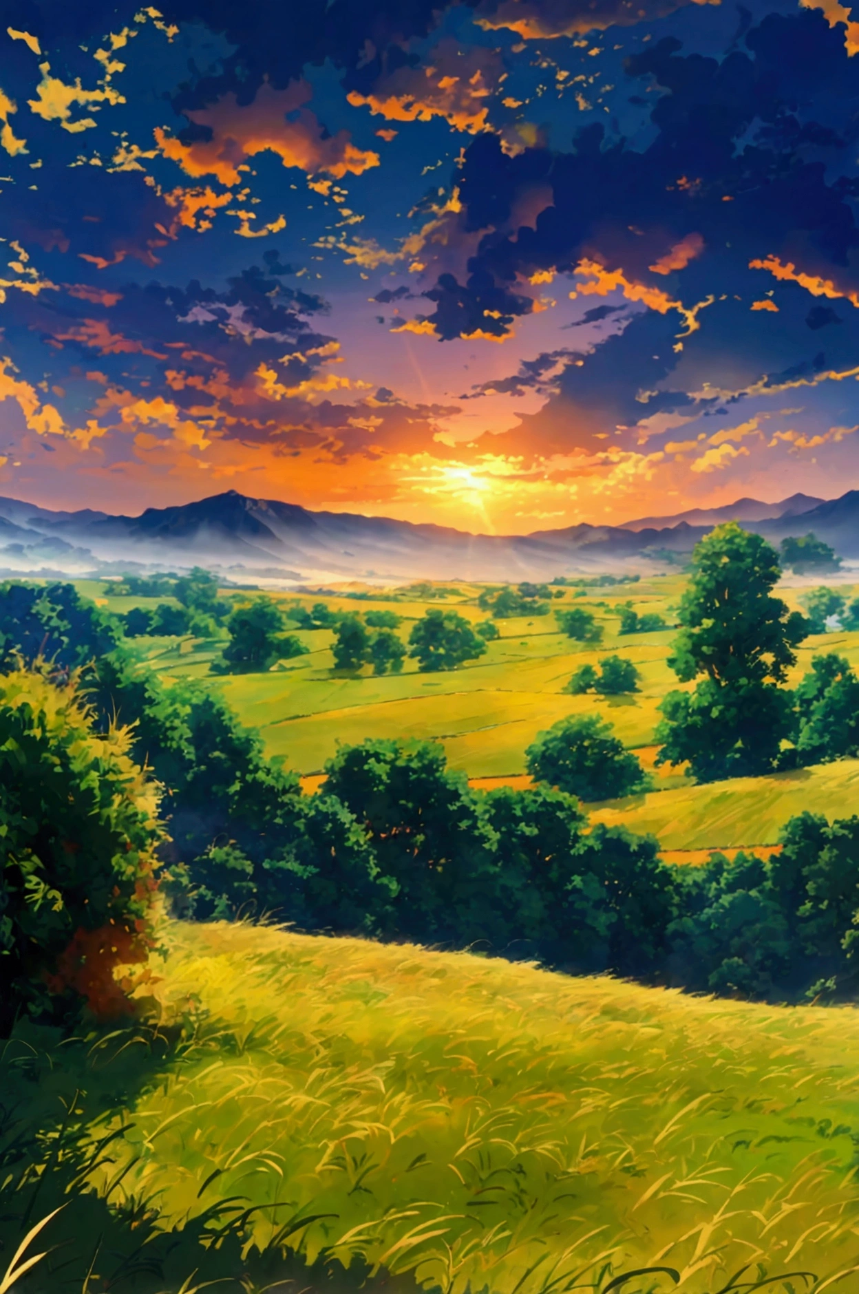 Masterpiece 8k Studio ghibli A serene landscape of a grass field under a hellish sky with clouds. shadow, sunset natural light lighting!!!!! solar 8khdr!!!!