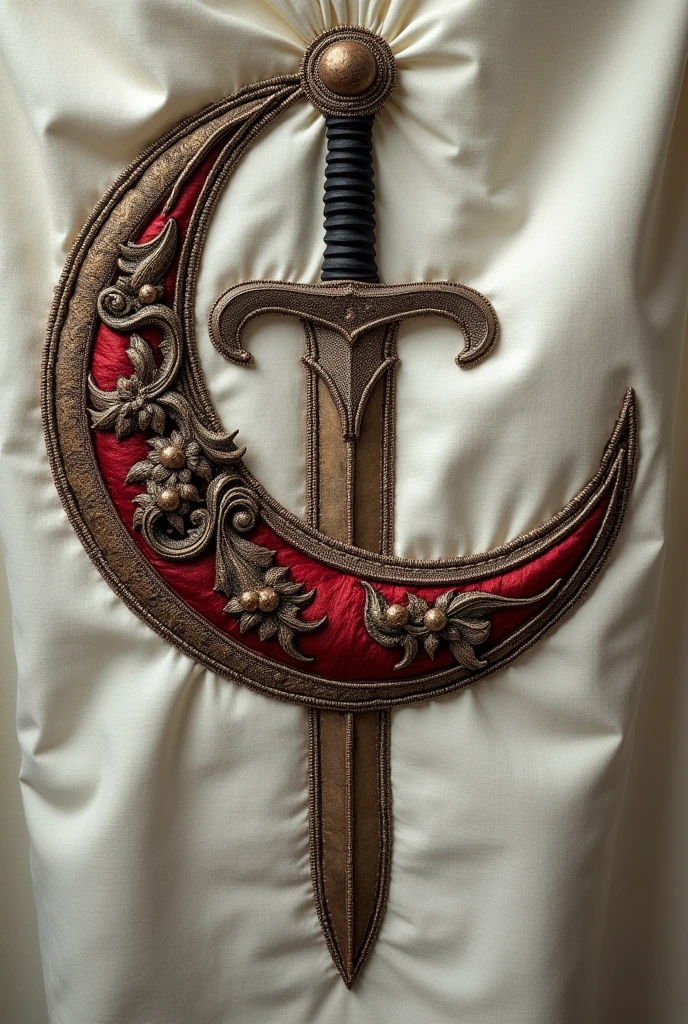 It is a lightly padded tunic sewn with metallic threads.. The drawing is of a crescent moon turned on its side., like a bowl, with a red droplet falling from a corner and a dagger underneath it all. Madoc&#39;s coat of arms. 