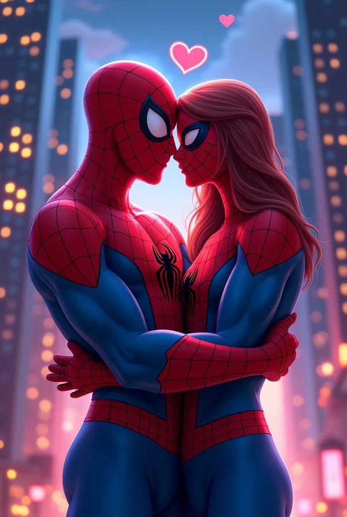 Create a cover of two Spidermen in love in an animated cartoon version