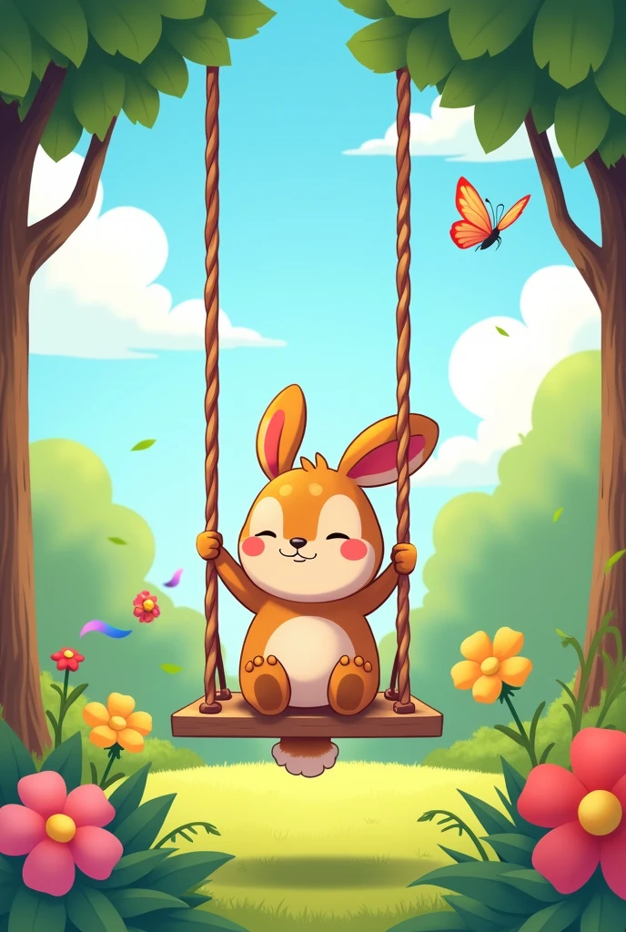 Cartoon about a sitting on a swing in the garden watching a rainbow flower